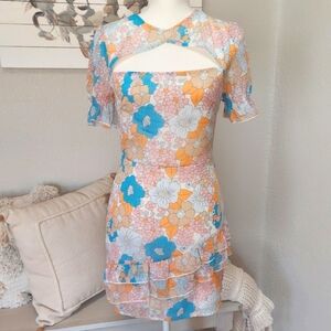 Eilly Bazar Fitted Chiffon Colorful Floral Cutout Ruffle Lined Dress Size Small